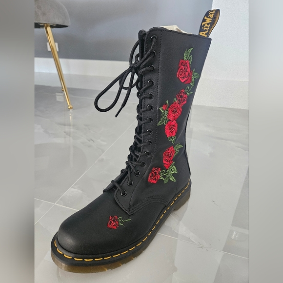 Dr. Martens Black and Red Combat Boots with Floral Embroidery - Picture 7 of 8